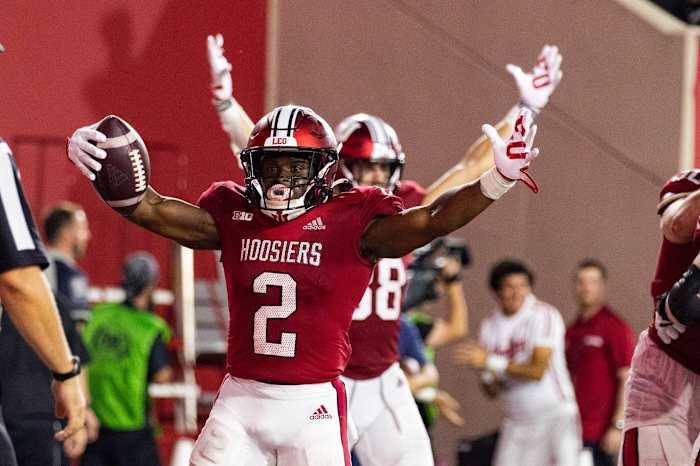 Indiana Hoosiers running back Shaun Shivers (2) celebrates the game winning touchdown in the second half against the Illinois Fighting Illini at Memorial Stadium.